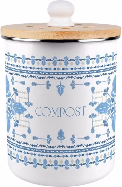 Purely Home Blue Folk Tile Metal Compost Caddy with Flip Lid, 2L