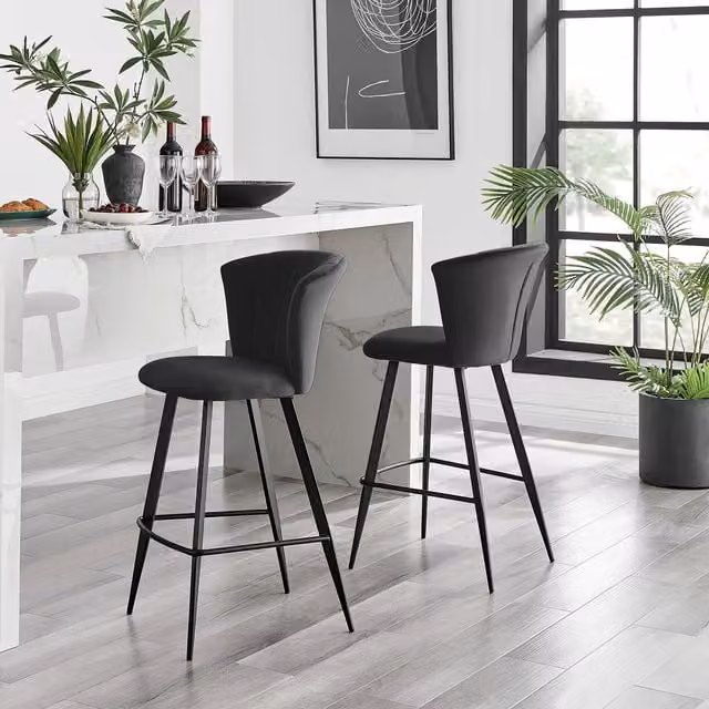 FurnitureboxUK Set of 2 Juniper Soft Touch Velvet Fluted Art Deco Counter Stools with Black Metal Legs – 1