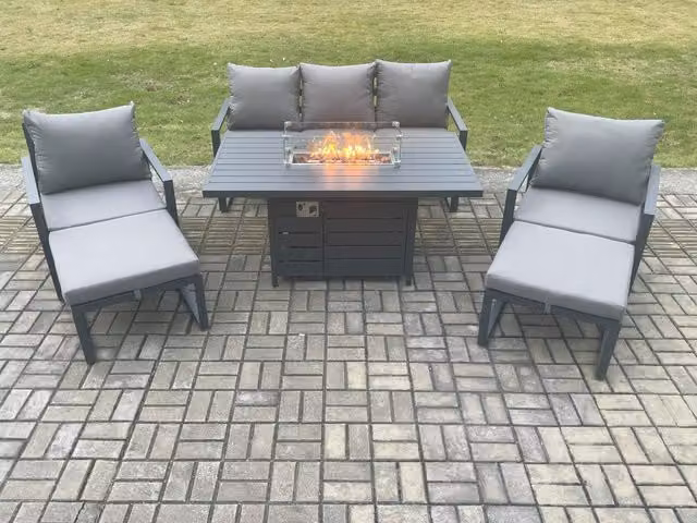 Fimous Aluminium Outdoor Garden Furniture Set with Gas Fire Pit Dining Table and 2 Footstools in Dark Grey