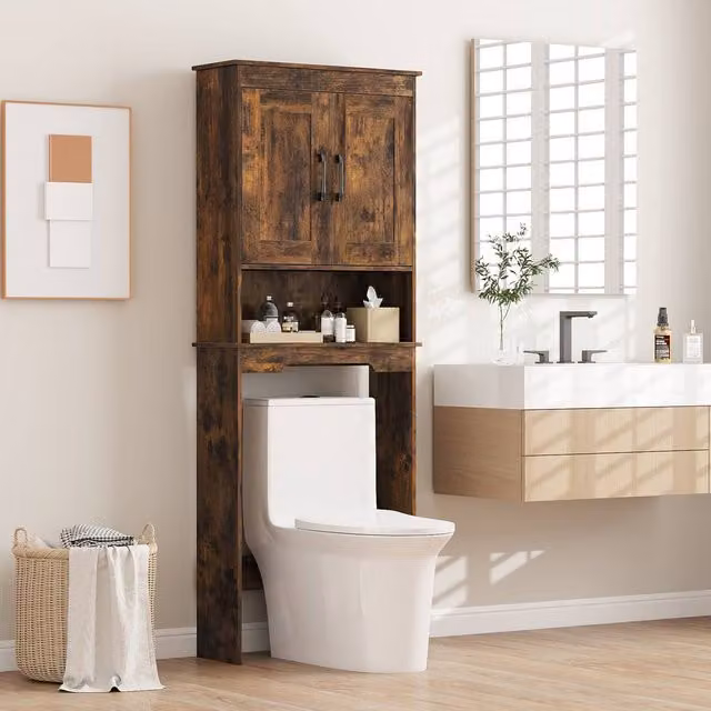 Costway Freestanding Over The Toilet Storage Cabinet with Hinged Doors and Open Shelf in Brown Rustic Wood