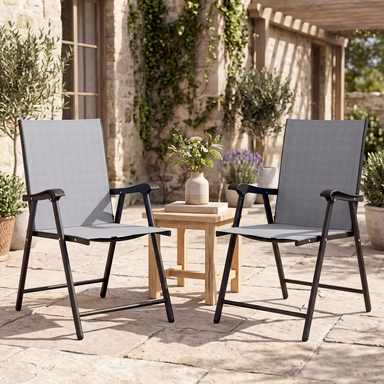 Outsunny Set of 2 Folding Garden Dining Chairs with Armrests and Textilene Seats in Light Grey – 2