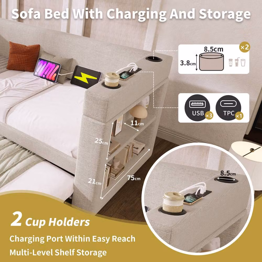 Matteo Single Sofa Bed with Cup Holders and USB & Type C Charging Station in Beige – 3