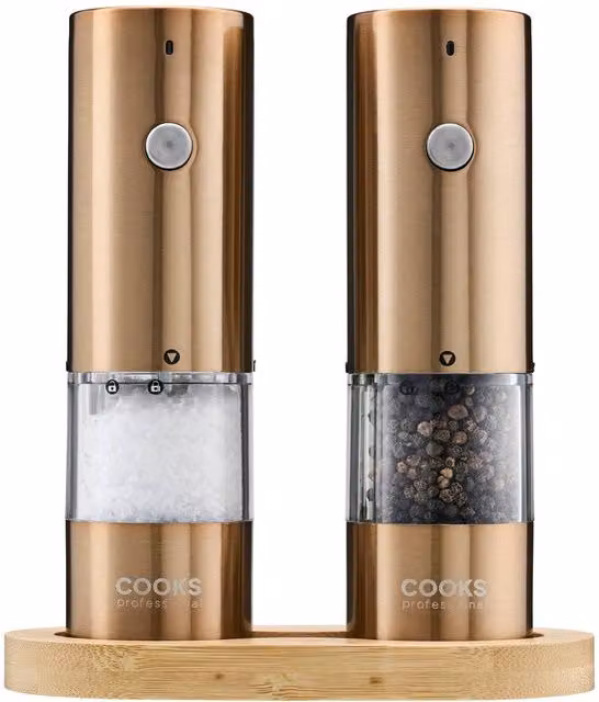 Cooks Professional Rechargeable Salt and Pepper Mill Set with Bamboo Base in Bronze and Multicolour
