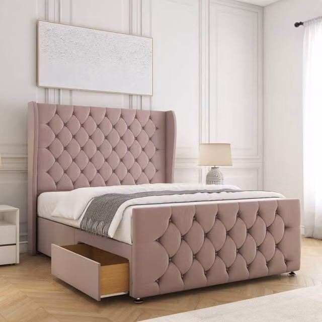 BSSPOKE Anna Plush Velvet Double Divan Bed with 54 inch Headboard and 2 Drawers in Pink, W/D/H: 140 x 200 x 30.48 cm
