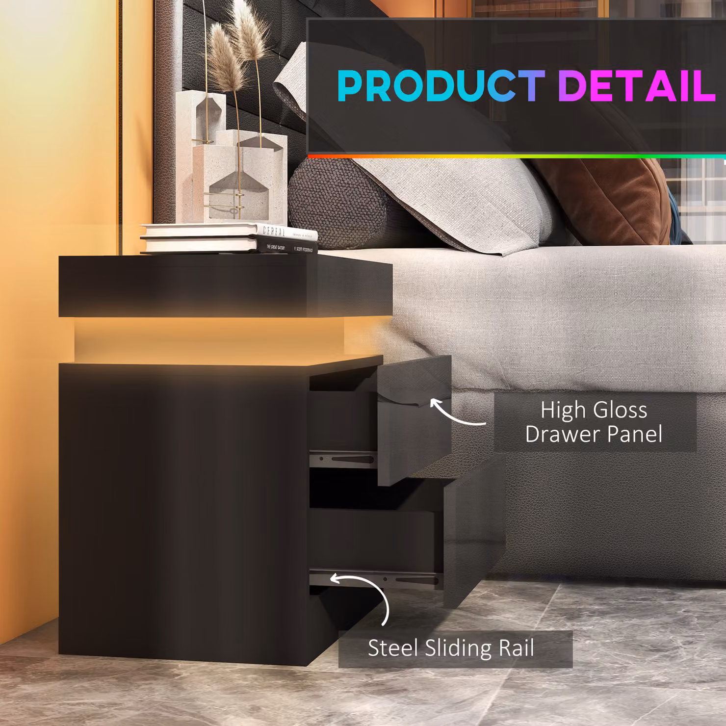 HOMCOM Black High Gloss Bedside Table with Integrated LED Light and 2 Drawers – 6