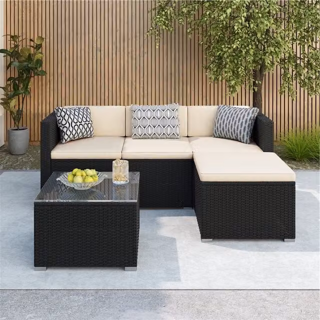Yaheetech 5 Piece Rattan Patio Sofa Set with Cushions in Beige and White