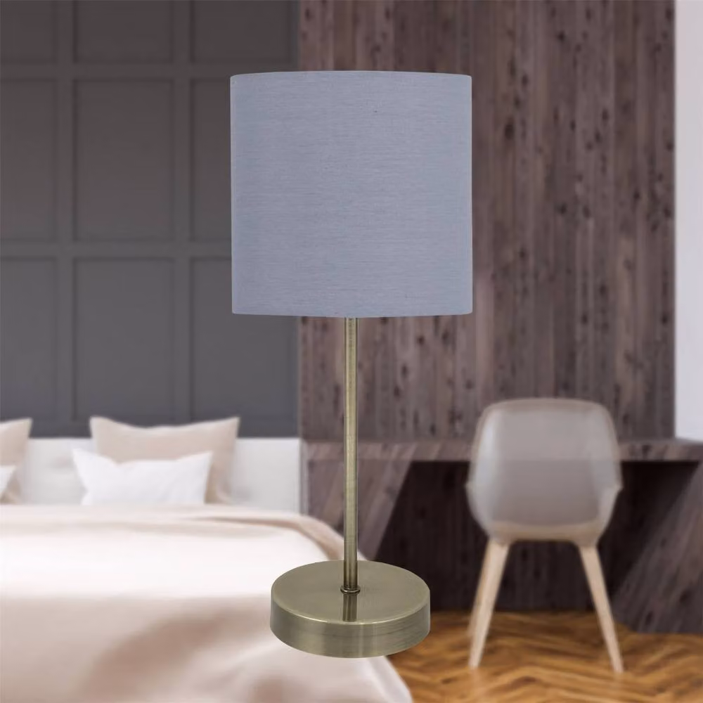 First Choice Lighting Set of 2 Antique Brass Stick Table Lamps with Grey Fabric Shades in Bronze – 2