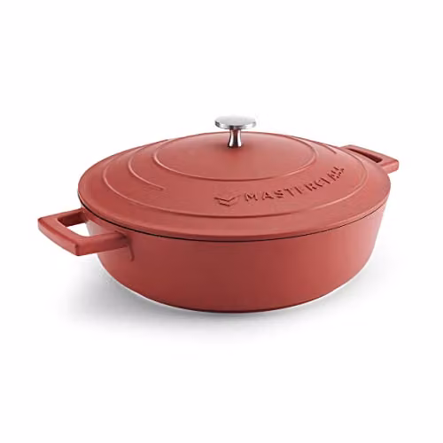 MasterClass Shallow Casserole Dish with Lid, Non-Stick Red Aluminium and Stainless Steel Casserole Pan, 4 l