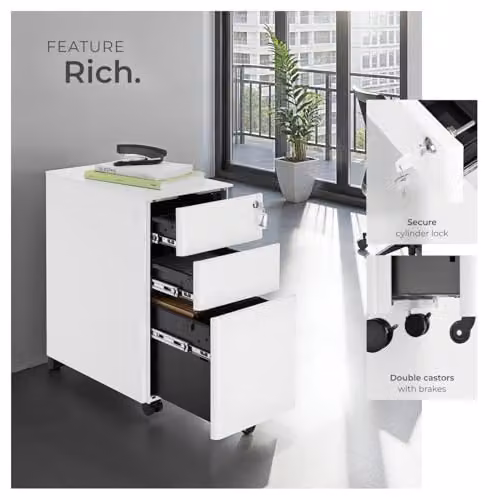 tectake Lockable Mobile Filing Cabinet in White Steel with 2 A4 Drawers and 1 Hanging File Drawer – 4