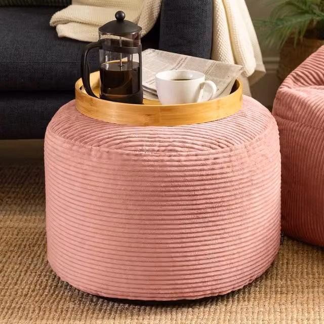 icon Milano Corduroy Bean Bag Footstool in Pink, Cylindrical Design with Filling Included – 4