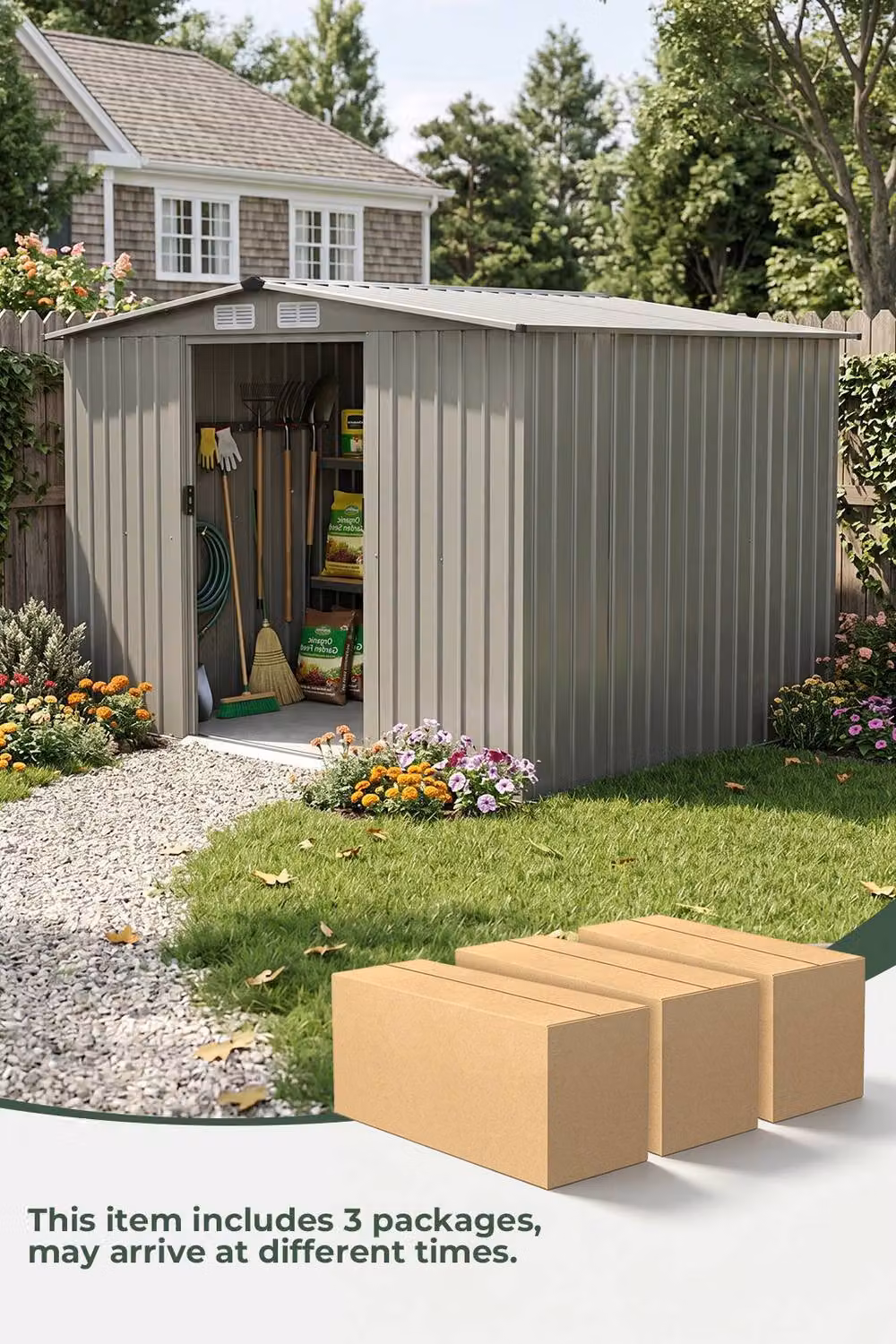 Garden Sanctuary Modern Metal Garden Tool Storage Shed with Double Doors and Gable Roof, Grey, W: 243.84 cm, D: 182.88 cm – 3