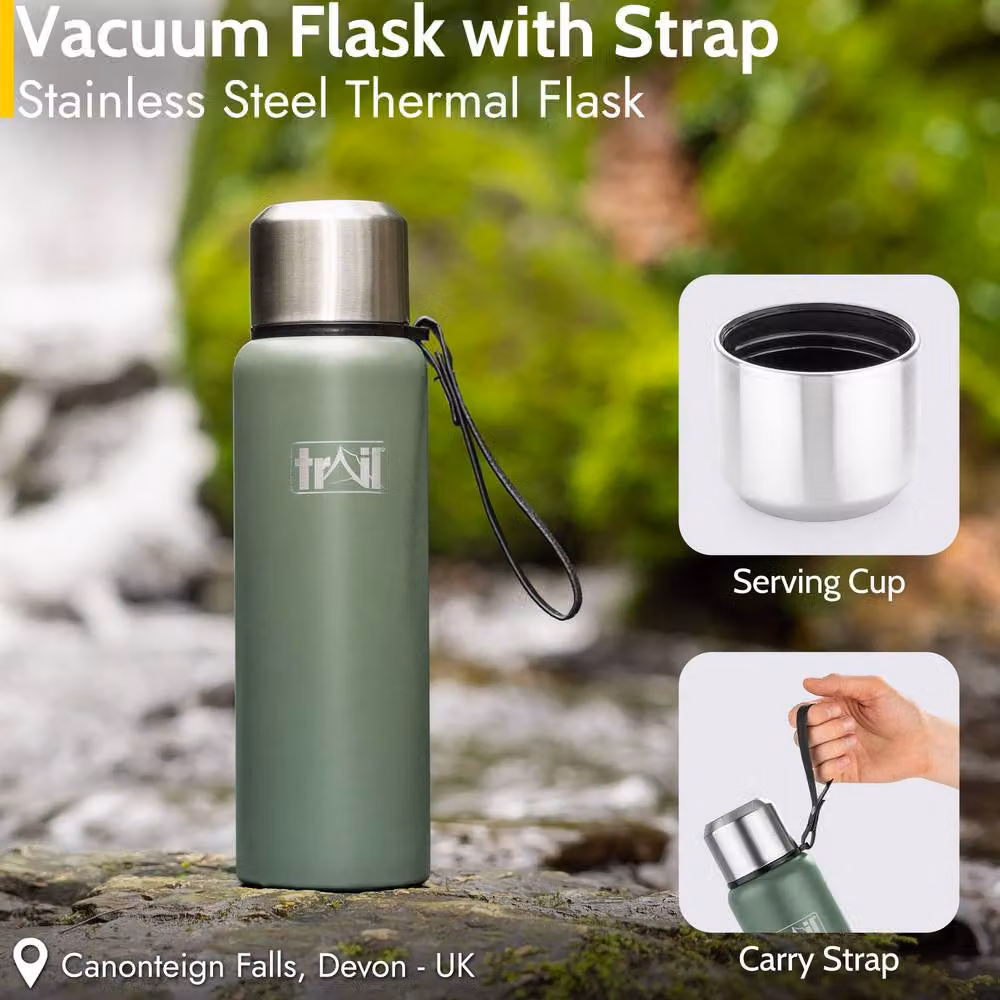 Trail Stainless Steel Vacuum Flask with Strap, Green, 1000 ml – 2