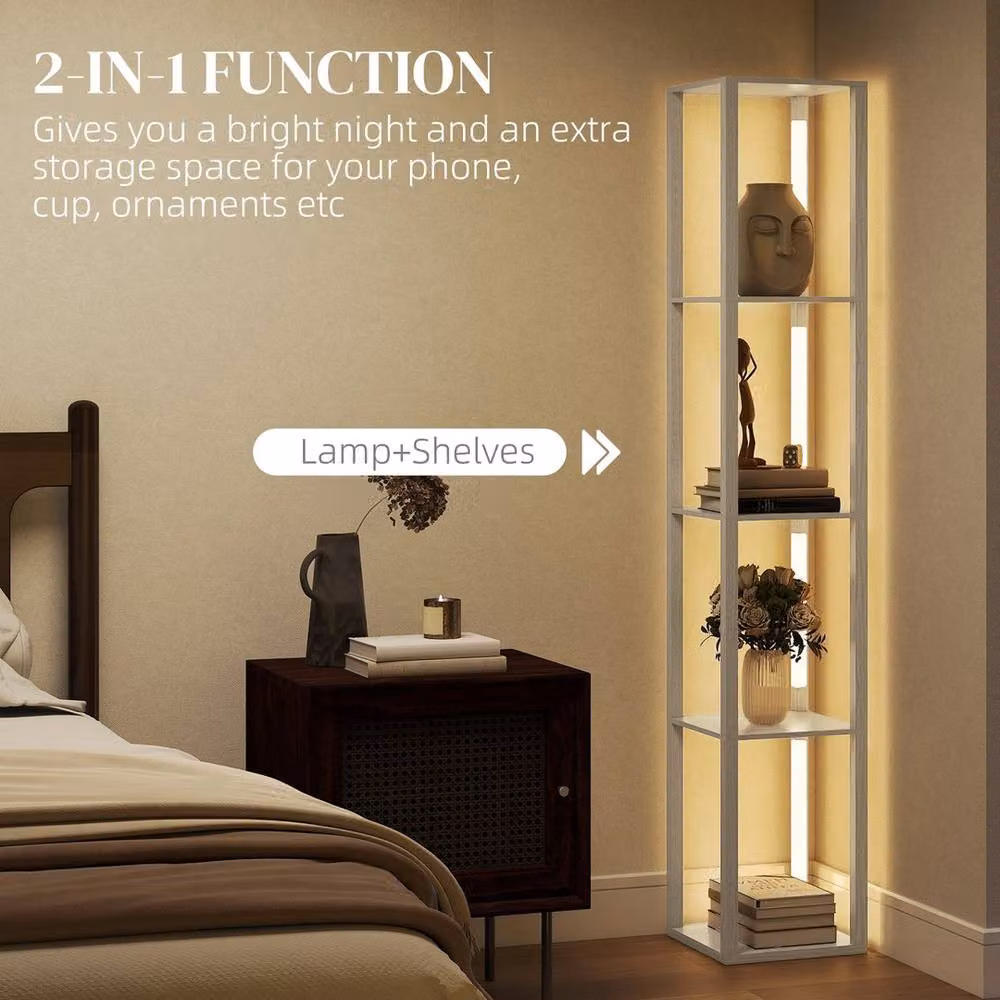 EONLION Oak Floor Lamp with 4-Layer Shelving and Dimmable LED Light in Light Oak, H 163 x W 29 x D 29 cm – 3