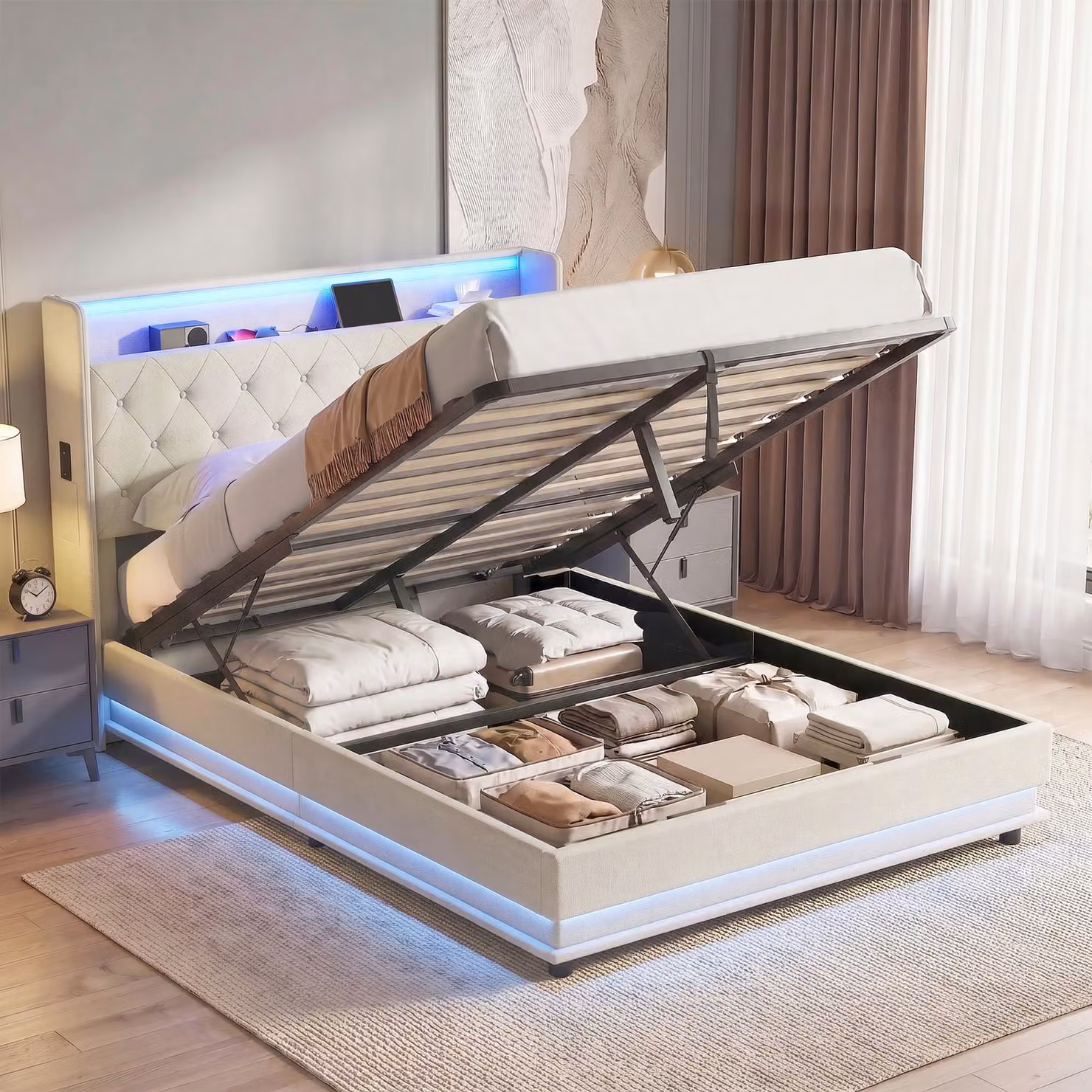 HOMCOM Double Bed Frame with Hydraulic Storage, LED Under-Bed Lighting, USB Charging Port and Headboard, Cream/Beige, 140 x 200 cm – 2