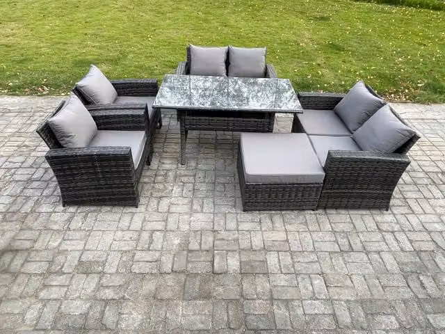 Fimous 7 Seater Rattan Garden Furniture Set with Oblong Dining Table and Double Seat Sofa in Dark Grey