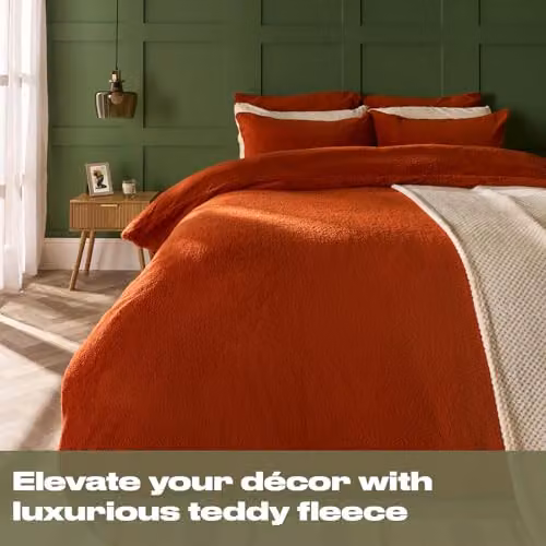 OHS Teddy Fleece Duvet Cover and Pillowcase Set, Rust Orange, W/D/H: 200 x 200 cm – 2