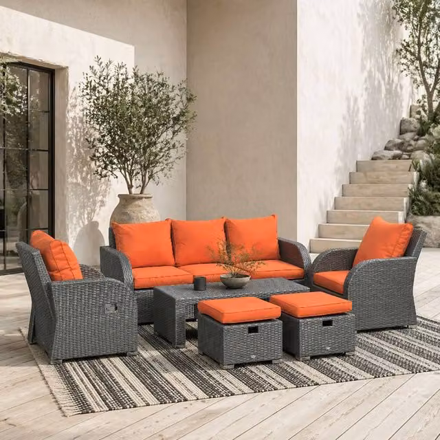 Wyld Haus Lerami 6 Piece Orange Rattan Outdoor Sofa Set with 3 Seat Sofa