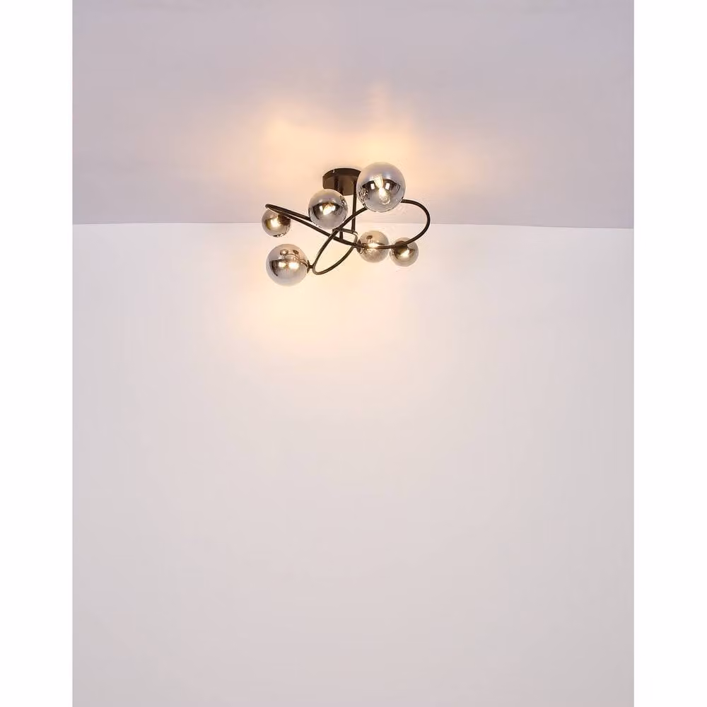 Netlighting Riha Multi Arm Semi Flush Ceiling Lamp in Black with Smoke Glass Shades, 6x G9 – 3