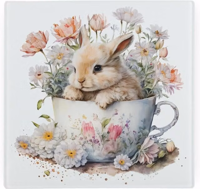 Purely Home Teacup Bunny Large Square Glass Worktop Protector and Chopping Board in Multicolour