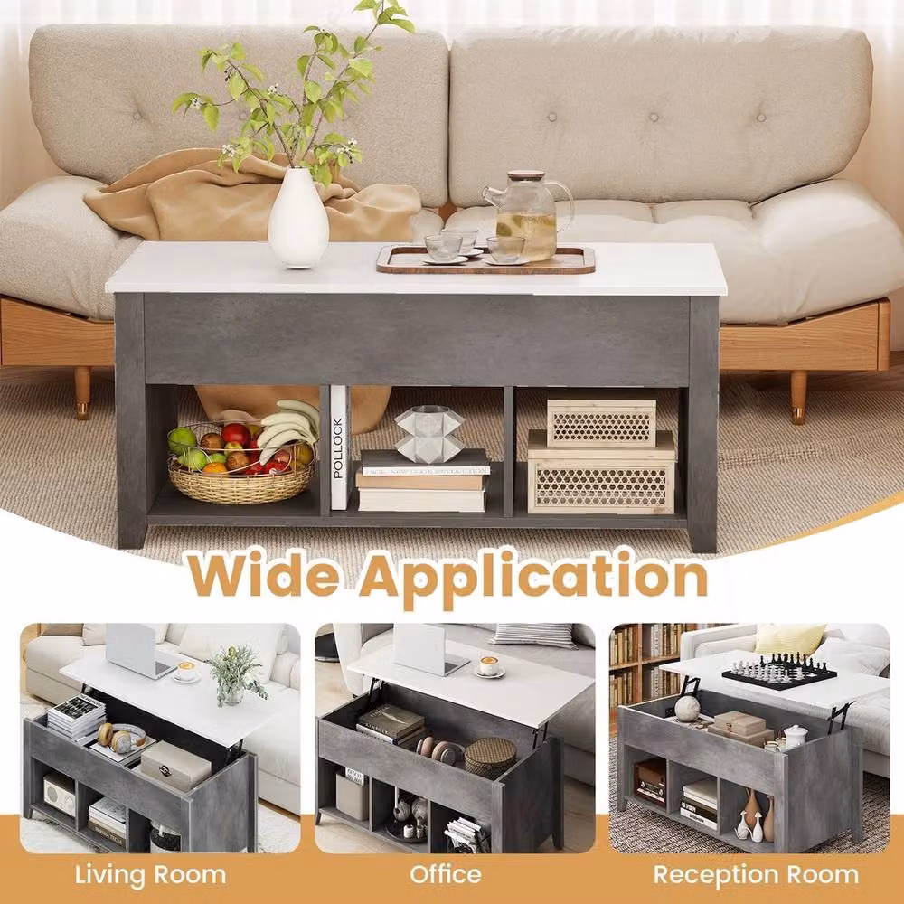VOGREX Grey Modern Lift Top Coffee Table with 3 Storage Cubes – 5