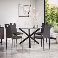 More4Homes Malvern Round Dining Table and 4 Monza Fabric Dining Chairs Set, Clear Glass Top with Solid Oak Black Legs, Charcoal – 1