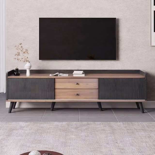 Matteo Modern Black TV Cabinet with Striped Sliding Doors and Two Drawers