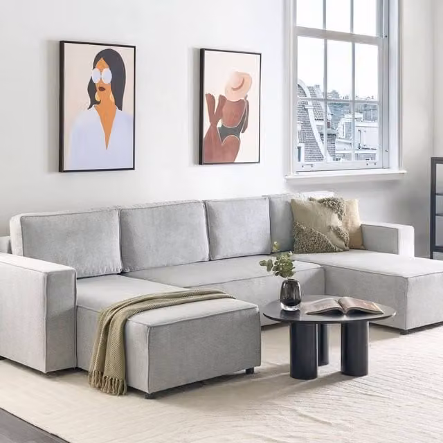 Wyld and Coco 4-Seater U-Shaped Fabric Sofa in Grey with Sleeping Function – 1