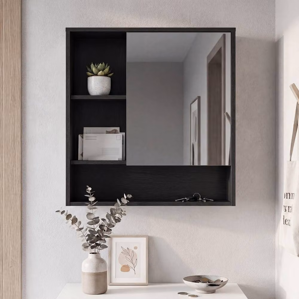 Costway Modern Black Wooden Bathroom Wall Mirror Cabinet with 3 Open Shelves – 4