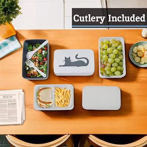 Premier Housewares Grub Tub Cat Bento Lunch Box with Cutlery and Compartments, White and Grey – 2