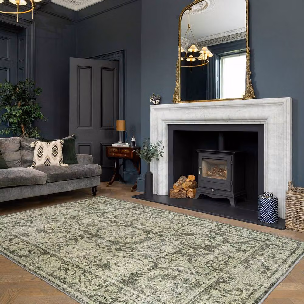Kukoon Sage Green Floral Motif Washable Cotton and Chenille Living Room Rug, W: 80 cm, L: 300 cm – 2