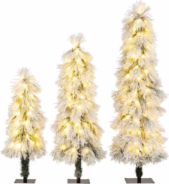 Gymax 3-Piece Pre-lit Snow Flocked Christmas Tree Set in Green and White