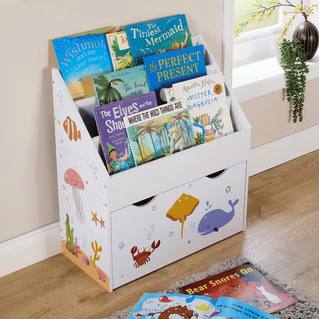 Home Source Anya Kids White Sealife Design 3 Tier Bookshelf with Storage Drawer in White and Multicolour