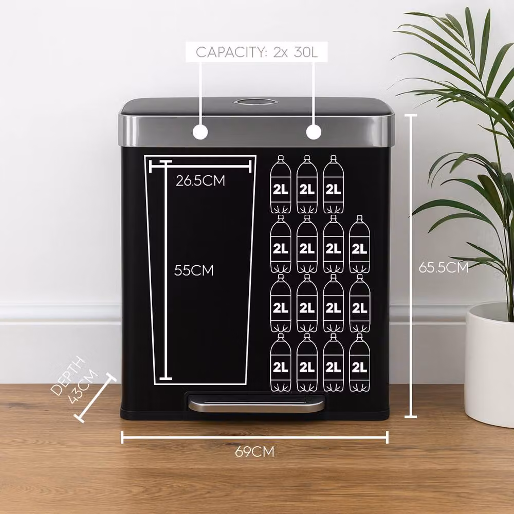 Harbour Housewares 60L Double Kitchen Pedal Bin in Black Stainless Steel (2 x 30L) with Soft Close and Removable Inner Buckets – 7