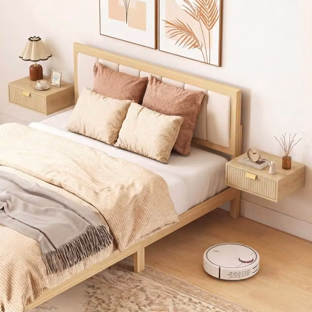 HOMCOM Set of 2 Floating Nightstands with Wave Drawers in Oak