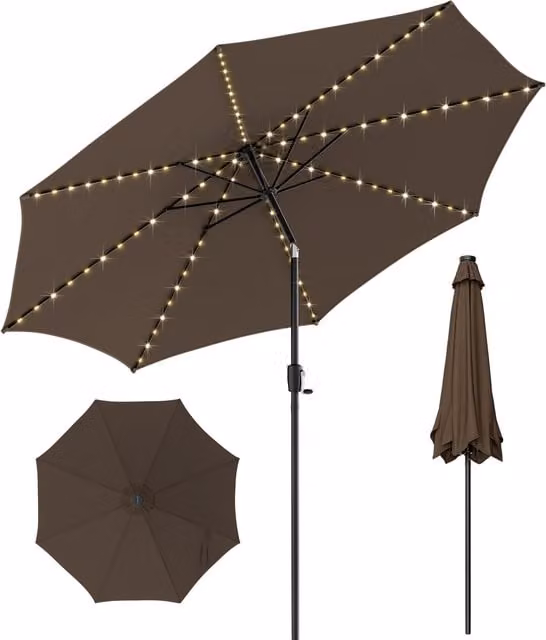 Costway 300 cm Solar Patio Market Umbrella in Brown Polyester