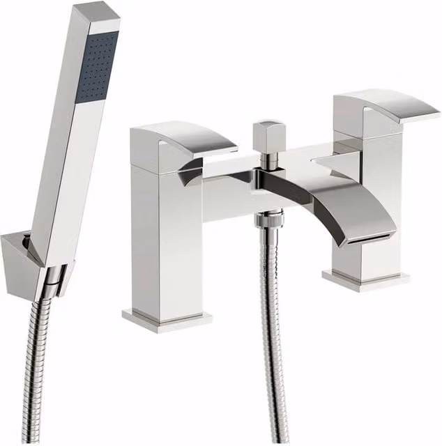 Hinsinc Luxury Two-Handle Countertop Bath Filler Shower Mixer Tap with Handset in Chrome Silver – 1