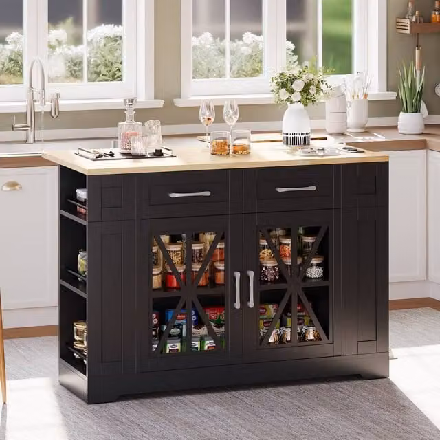 Merax Mobile Kitchen Island Trolley with Foldable Tabletop and Storage Cabinet in Black