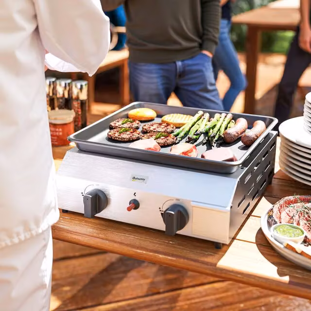 Outsunny Tabletop Gas BBQ Grill with Non-Stick Griddle, Silver