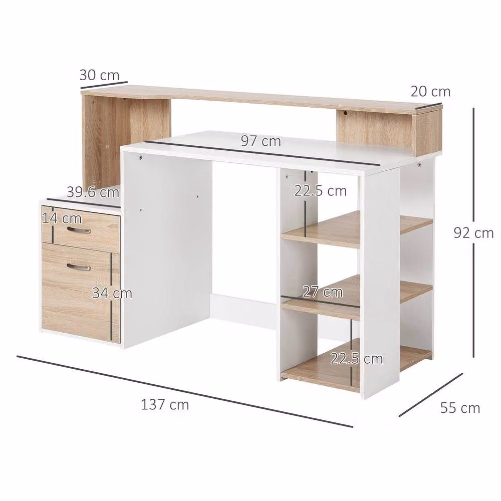 STILVORA Modern Writing Desk with Drawers and Storage Shelves in White and Beige, W/D/H: 137.0 x 92.0 x 50.0 cm – 3