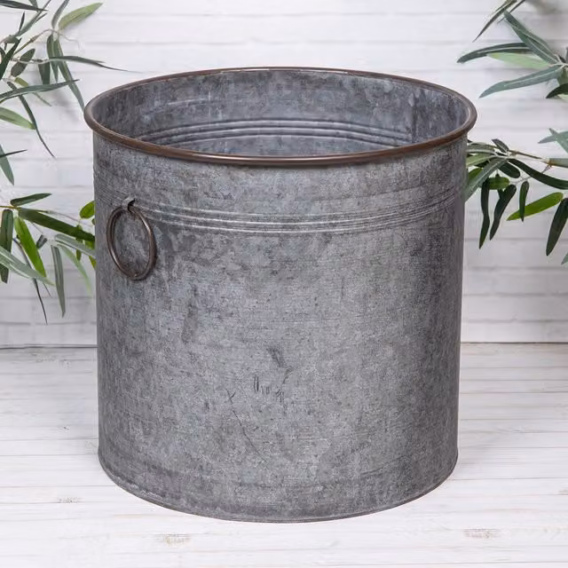 Annibells Grey Metal Zinc Round Vintage Flower Pot Planter with Handles, Diameter: 33 cm