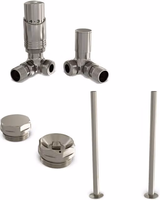 Talus Bold Angle Thermostatic Radiator Valve Installation Kit with Thermostat Head in Silver Nickel Plated Brass