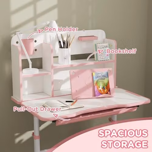 AIYAPLAY Height Adjustable Kids Desk and Chair Set with Tilting Desktop and Drawer, Pink – 3