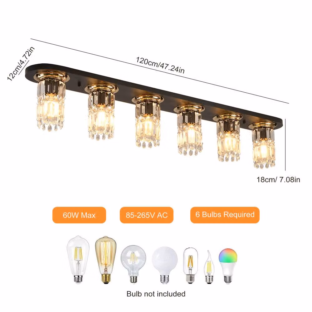 NIVOR 6 Light Crystal Linear Flush Mount Ceiling Chandelier in Black with Transparent Crystal and E27 Fittings, W: 120 cm – 2