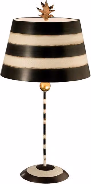 Loops Table Lamp with Striped Fabric Shade and Palm Leaf Finial in Black and Beige with Gold Accents, E27 100W LED Compatible