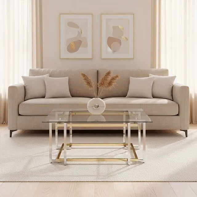 Orsina Art Deco Rectangular Coffee Table with Gold and Silver Metal Frame and Glass Top – 1
