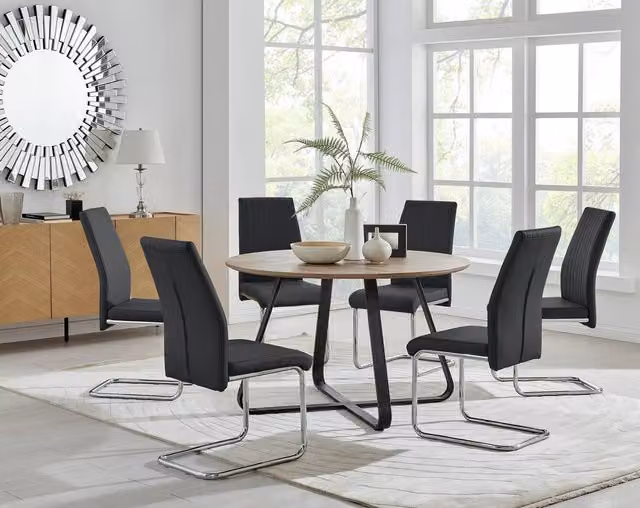 FurnitureboxUK Santorini Brown Wood Effect Round Dining Table and 6 Black Lorenzo Chairs, W/D/H: 120 x 120 x 75 cm – 1