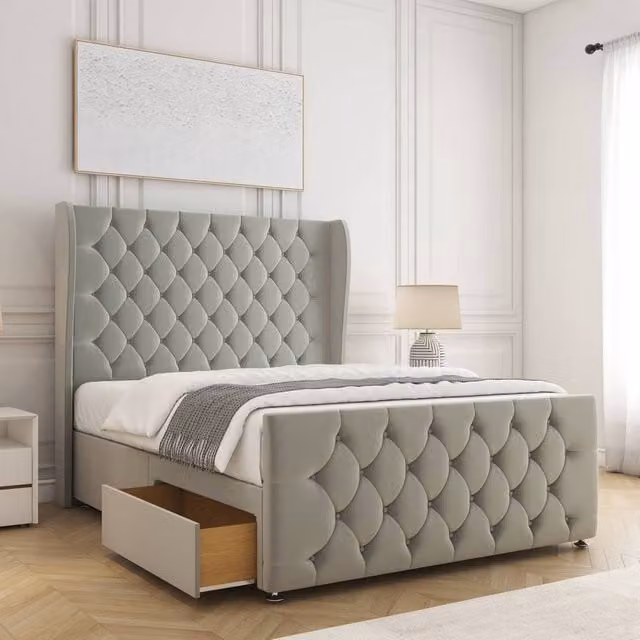 BSSPOKE Anna Plush Velvet Super King Divan Bed with 54 inch Headboard, 2 Drawers, Footend and Mattress in Silver