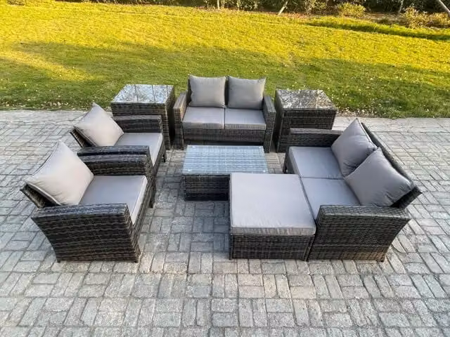 Fimous 8 Piece Outdoor Rattan Garden Furniture Set in Dark Grey with Coffee Table and Side Tables