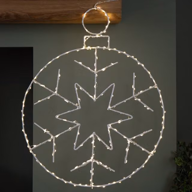 Samuel Alexander Silver and White Hanging Christmas Snowflake Bauble with 250 White LEDs, W: 48 cm, D: 38 cm