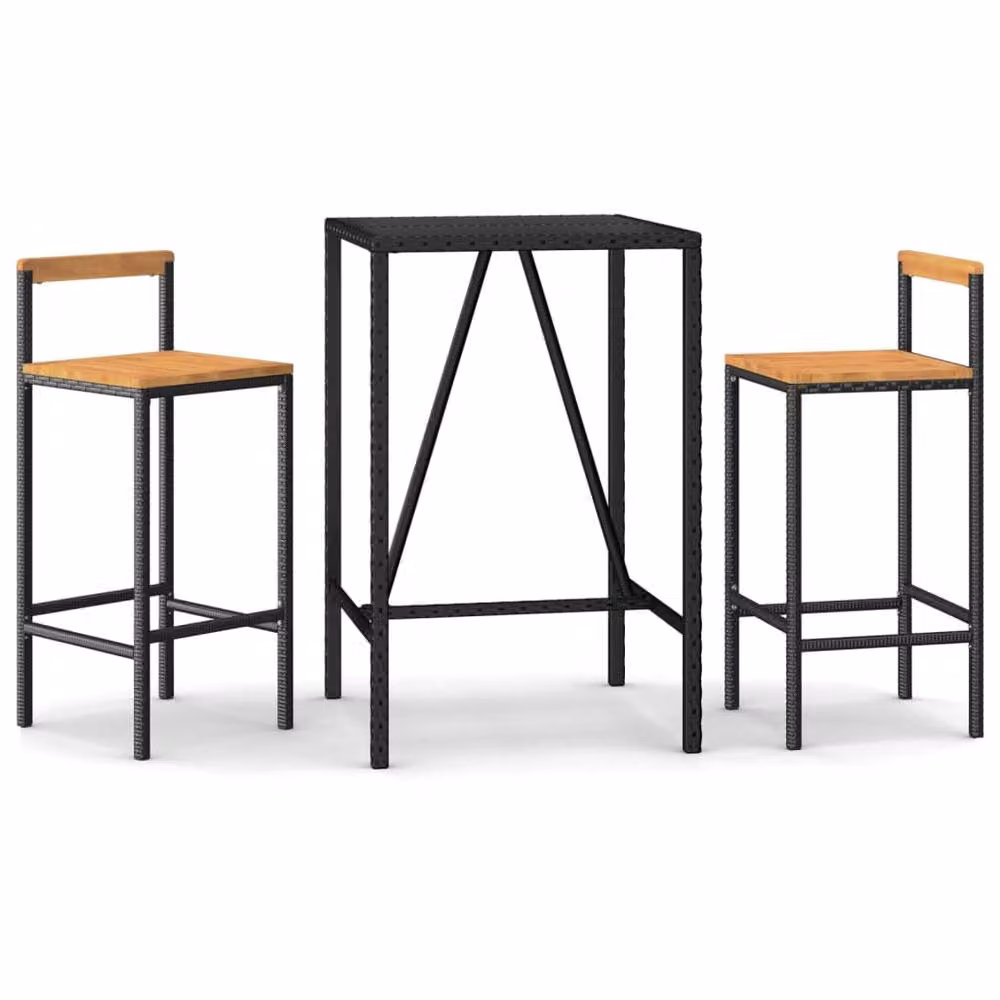 Berkfield Home 3 Piece Garden Bar Set in Black Poly Rattan and Solid Acacia Wood – 2